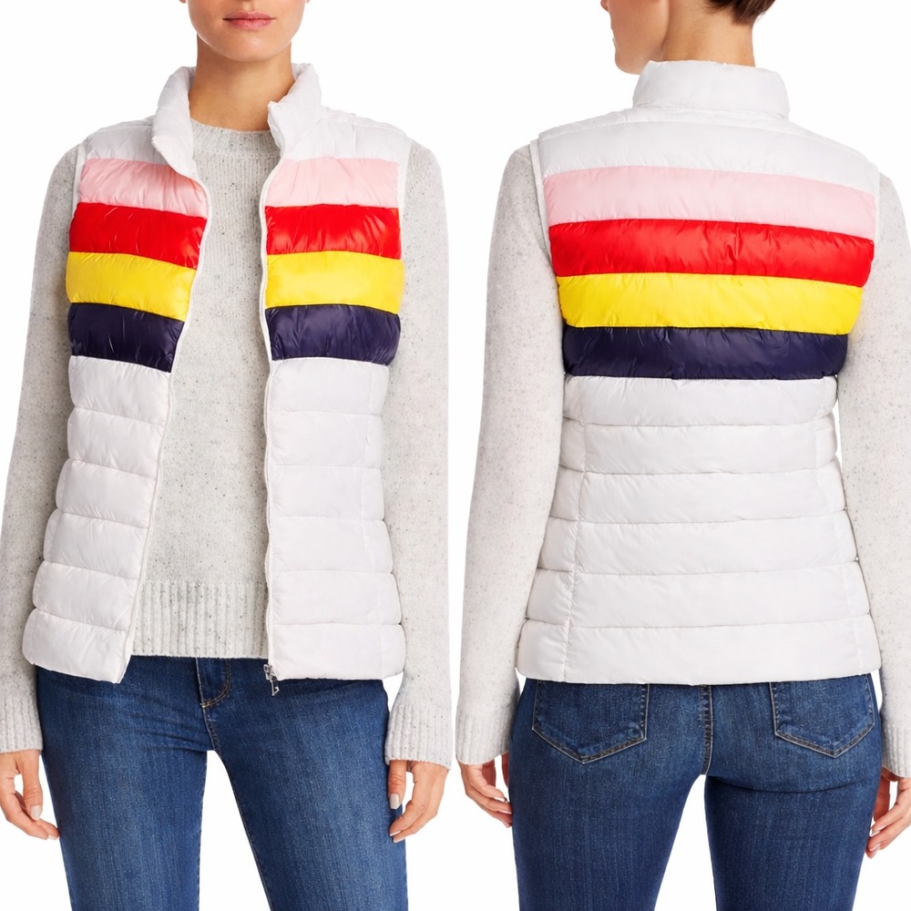 Aqua Rainbow Stripe Puffer Vest Jacket XS Lightweight Quilted Zip Front